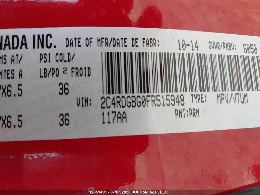 2015 Dodge Grand Caravan Se/Sxt VIN: 2C4RDGBG0FR515948 Lot: 12351491X