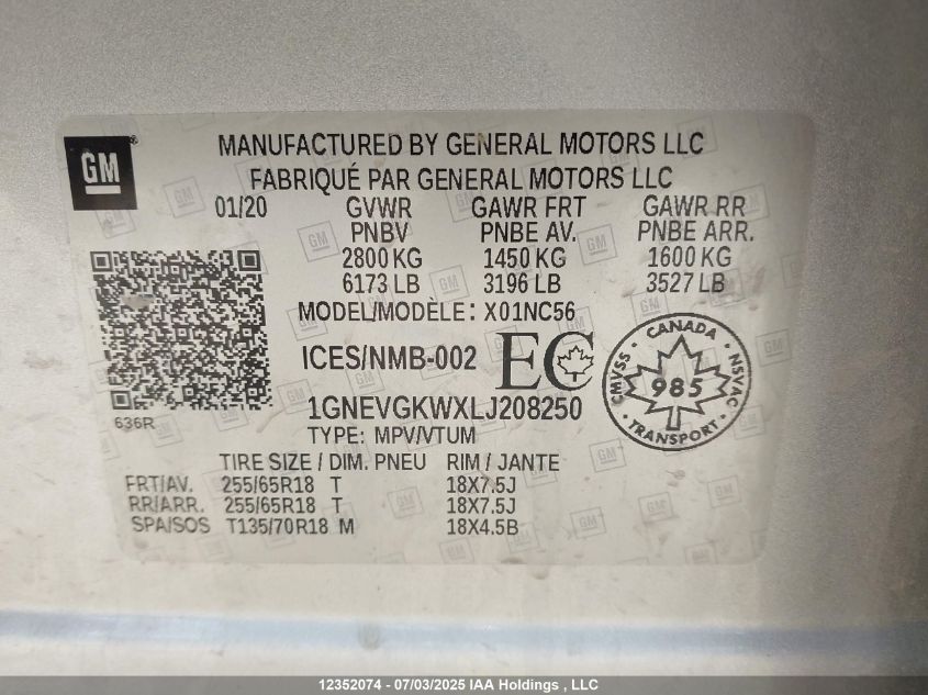 2020 Chevrolet Traverse Lt VIN: 1GNEVGKWXLJ208250 Lot: 12352074X