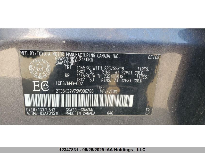 2009 Toyota Rav4 Sport V6 VIN: 2T3BK32V79W006786 Lot: 12347831X