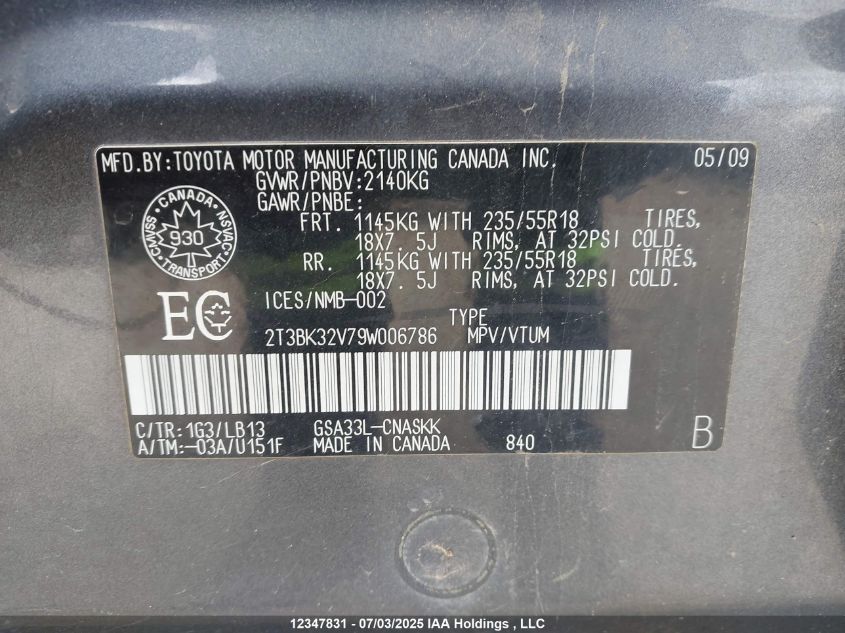 2009 Toyota Rav4 Sport V6 VIN: 2T3BK32V79W006786 Lot: 12347831X