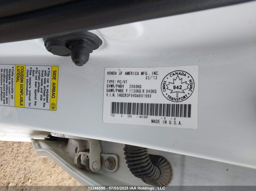 2013 Honda Accord Touring V6 VIN: 1HGCR3F94DA801980 Lot: 12348590X