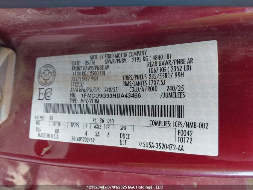 2017 Ford Escape Se VIN: 1FMCU9G93HUA43466 Lot: 12352344X