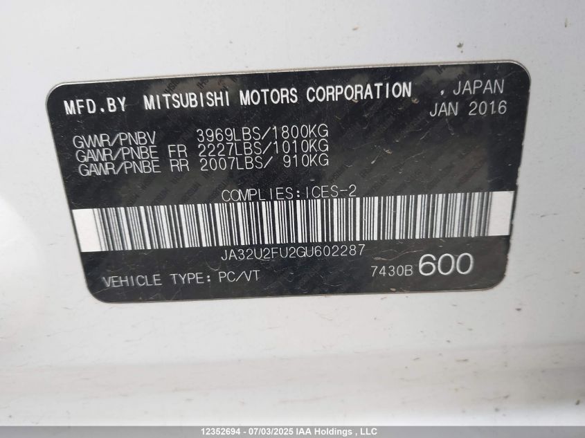 2016 Mitsubishi Lancer Es/Se Ltd VIN: JA32U2FU2GU602287 Lot: 12352694X