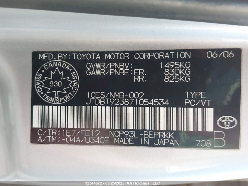 2007 Toyota Yaris VIN: JTDBT923871054534 Lot: 12344972X