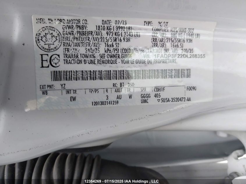 2013 Ford Focus Se VIN: 1FADP3F22DL268355 Lot: 12354269