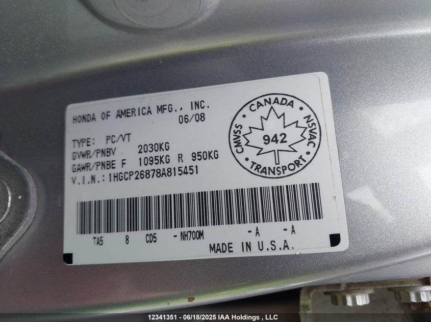 2008 Honda Accord Ex-L VIN: 1HGCP26878A815451 Lot: 12341351X