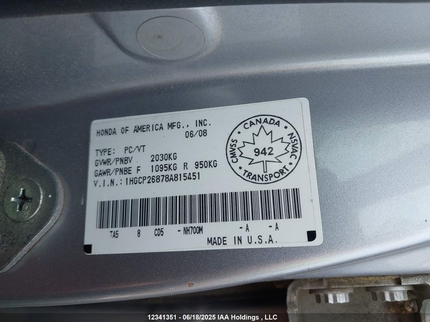 2008 Honda Accord Ex-L VIN: 1HGCP26878A815451 Lot: 12341351X