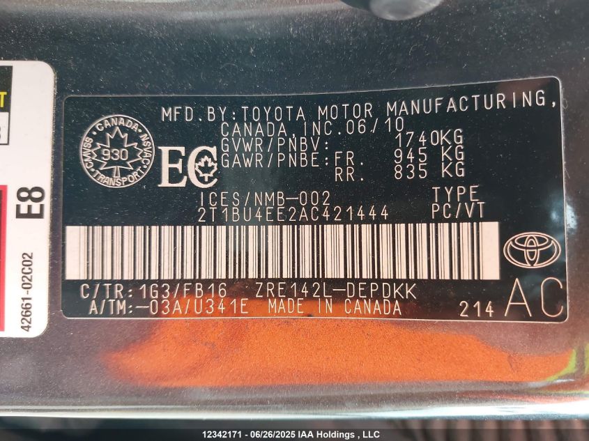 2010 Toyota Corolla Ce VIN: 2T1BU4EE2AC421444 Lot: 12342171X