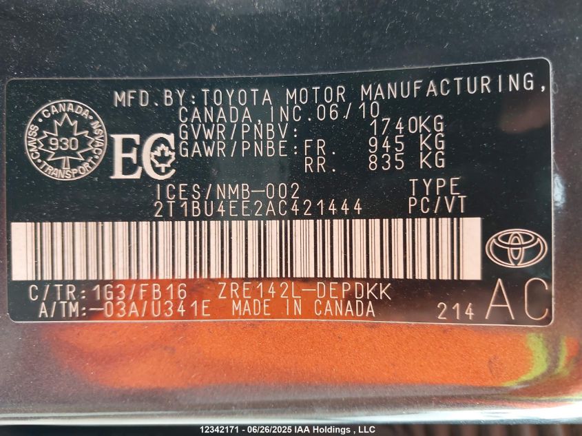 2010 Toyota Corolla Ce VIN: 2T1BU4EE2AC421444 Lot: 12342171X