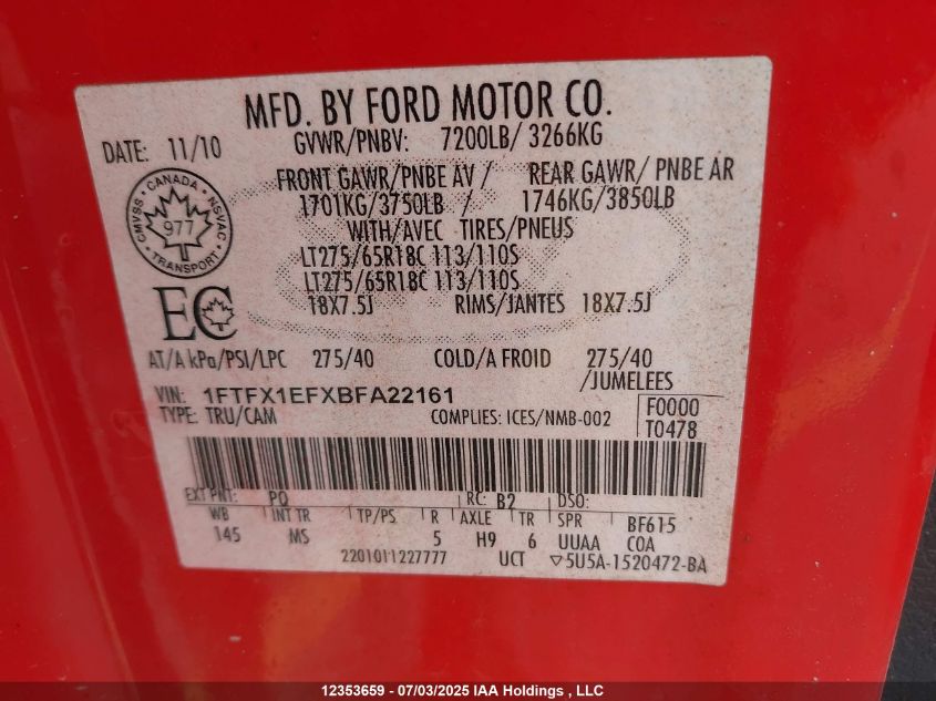 2011 Ford F-150 Xlt VIN: 1FTFX1EFXBFA22161 Lot: 12353659X