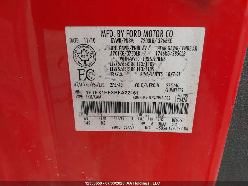 2011 Ford F-150 Xlt VIN: 1FTFX1EFXBFA22161 Lot: 12353659X