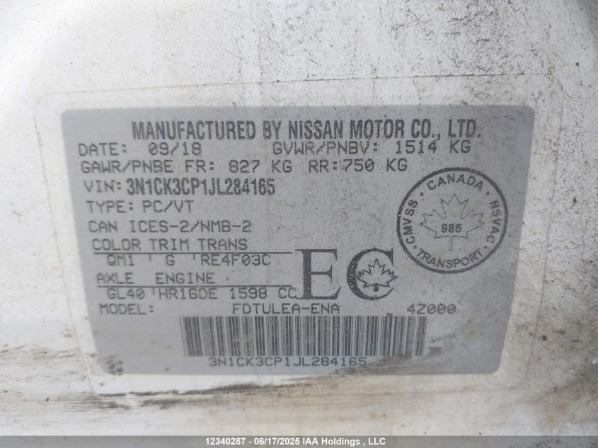 2018 Nissan Micra S/Sr/Sv VIN: 3N1CK3CP1JL284165 Lot: 12340287X