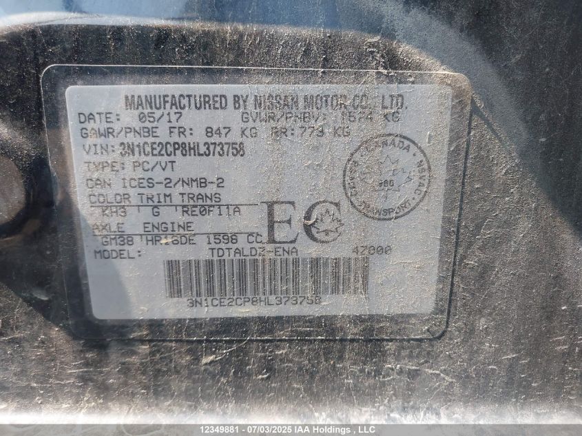 2017 Nissan Versa Note 1.6 S/1.6 Sl/1.6 Sr/1.6 Sv VIN: 3N1CE2CP8HL373758 Lot: 12349881X