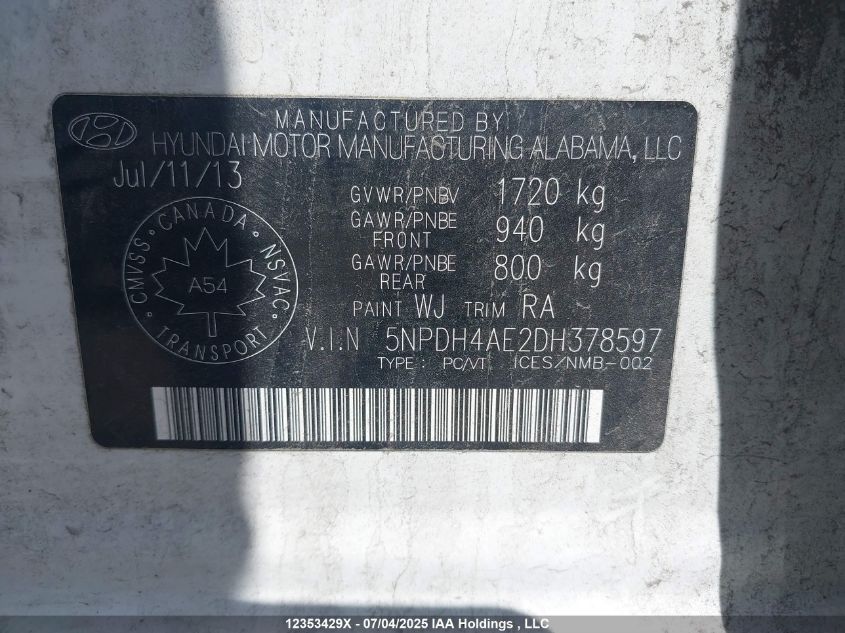 2013 Hyundai Elantra Gl VIN: 5NPDH4AE2DH378597 Lot: 12353429X