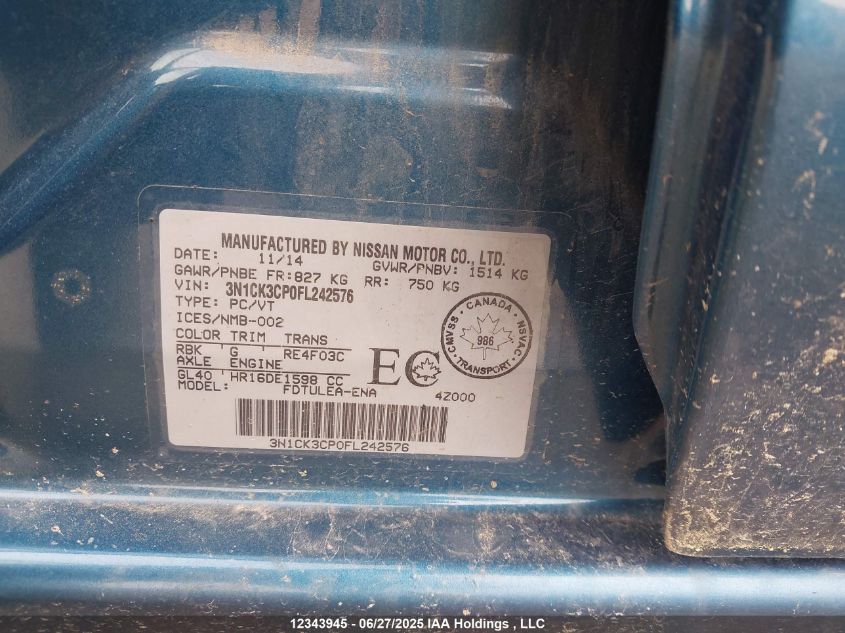 2015 Nissan Micra S/Sr/Sv VIN: 3N1CK3CP0FL242576 Lot: 12343945X