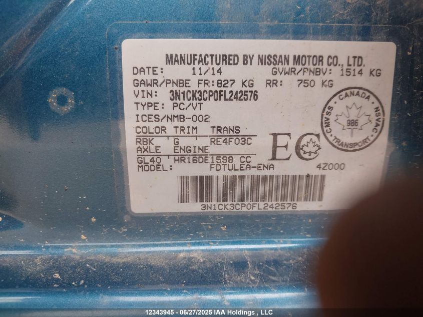 2015 Nissan Micra S/Sr/Sv VIN: 3N1CK3CP0FL242576 Lot: 12343945X