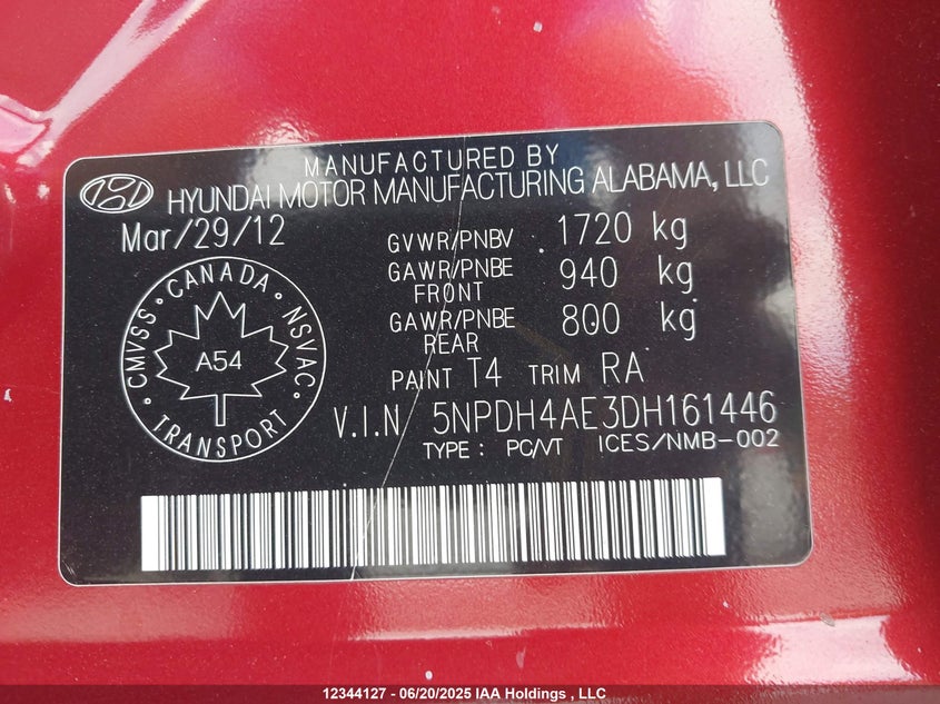 2013 Hyundai Elantra Gl VIN: 5NPDH4AE3DH161446 Lot: 12344127X