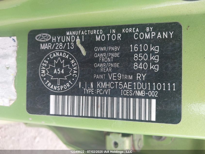 2013 Hyundai Accent Gl VIN: KMHCT5AE1DU110111 Lot: 12349822X