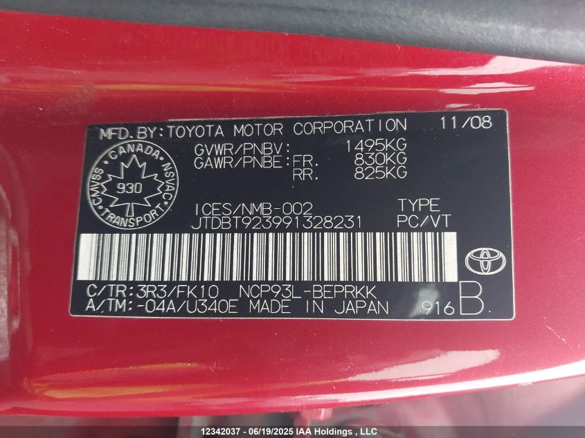 2009 Toyota Yaris VIN: JTDBT923991328231 Lot: 12342037X