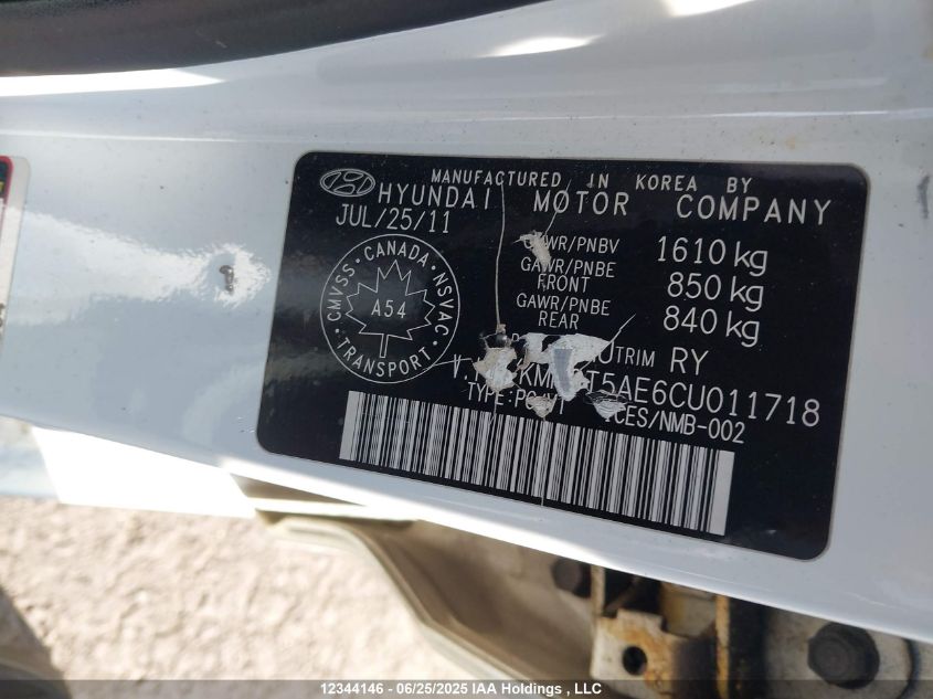 2012 Hyundai Accent L VIN: KMHCT5AE6CU011718 Lot: 12344146X