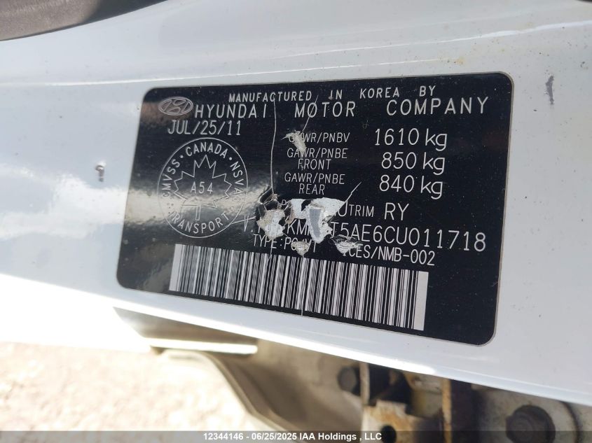2012 Hyundai Accent L VIN: KMHCT5AE6CU011718 Lot: 12344146X