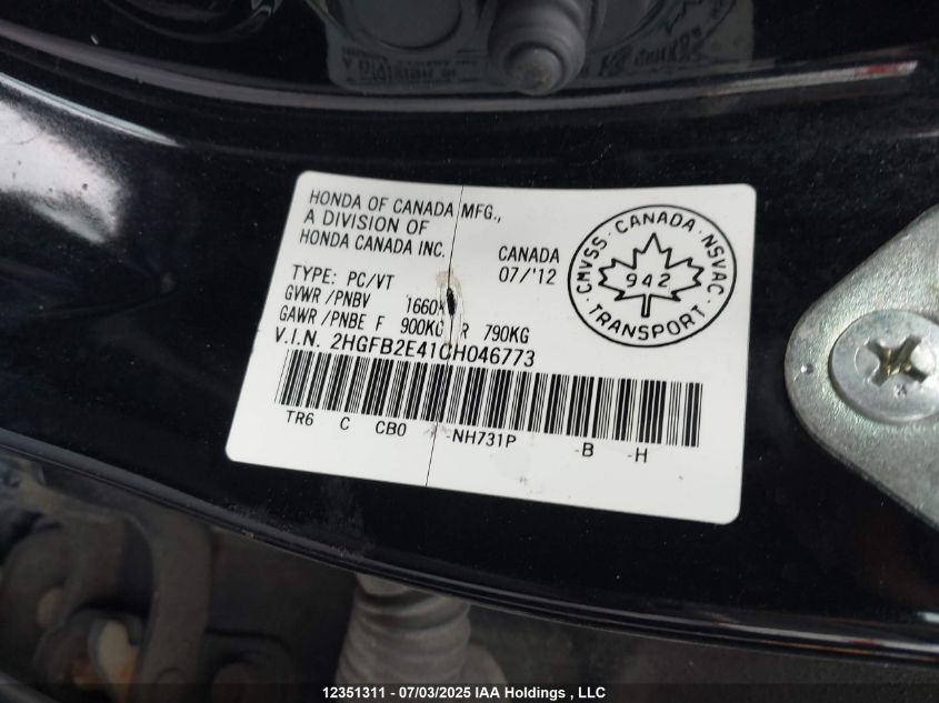 2012 Honda Civic Lx VIN: 2HGFB2E41CH046773 Lot: 12351311X