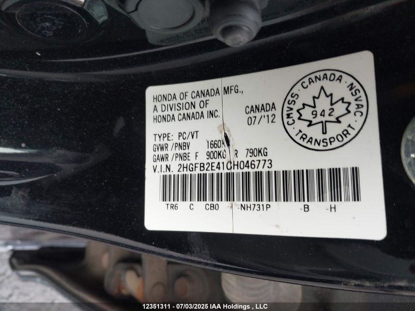 2012 Honda Civic Lx VIN: 2HGFB2E41CH046773 Lot: 12351311X