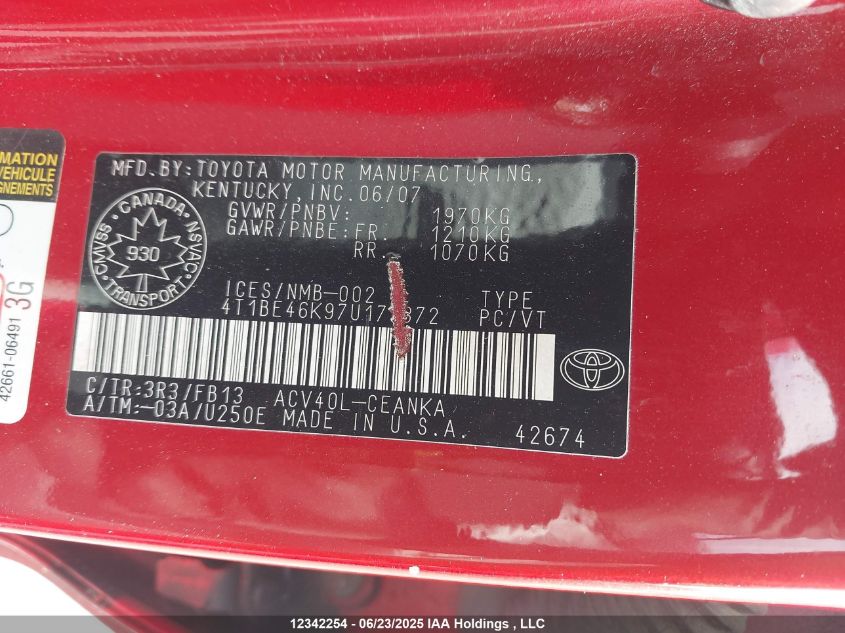 2007 Toyota Camry Le/Se VIN: 4T1BE46K97U175372 Lot: 12342254X