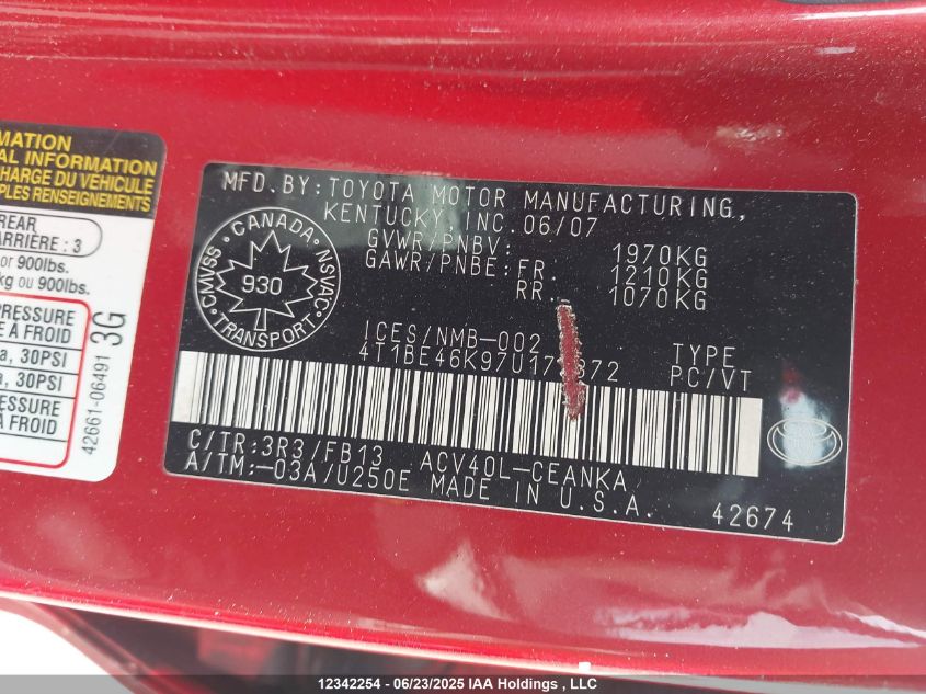 2007 Toyota Camry Le/Se VIN: 4T1BE46K97U175372 Lot: 12342254X