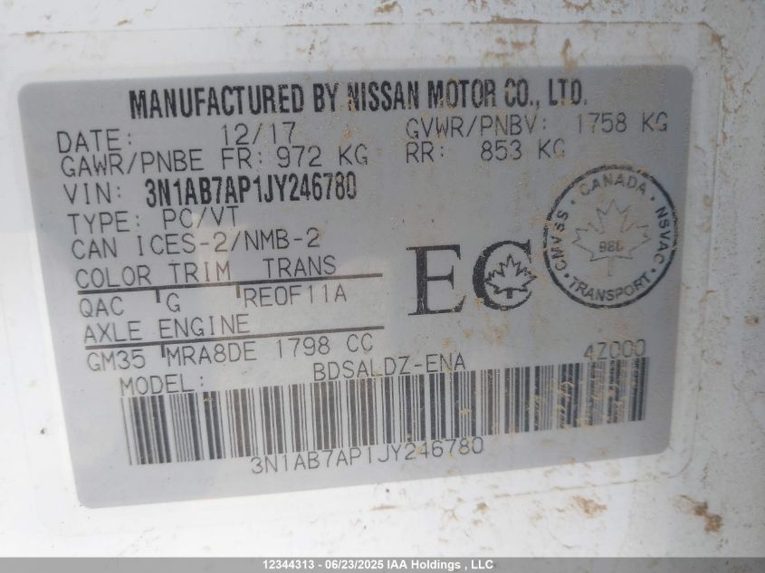 2018 Nissan Sentra 1.8 S/1.8 Sv/1.8 Sv Midnight Edition VIN: 3N1AB7AP1JY246780 Lot: 12344313X