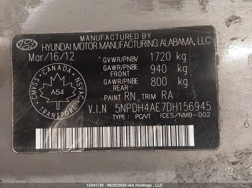 2013 Hyundai Elantra Gl VIN: 5NPDH4AE7DH156945 Lot: 12341720X