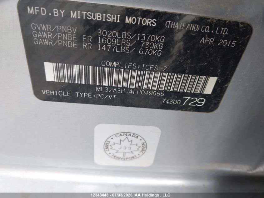 2015 Mitsubishi Mirage Es VIN: ML32A3HJ4FH049655 Lot: 12348443X