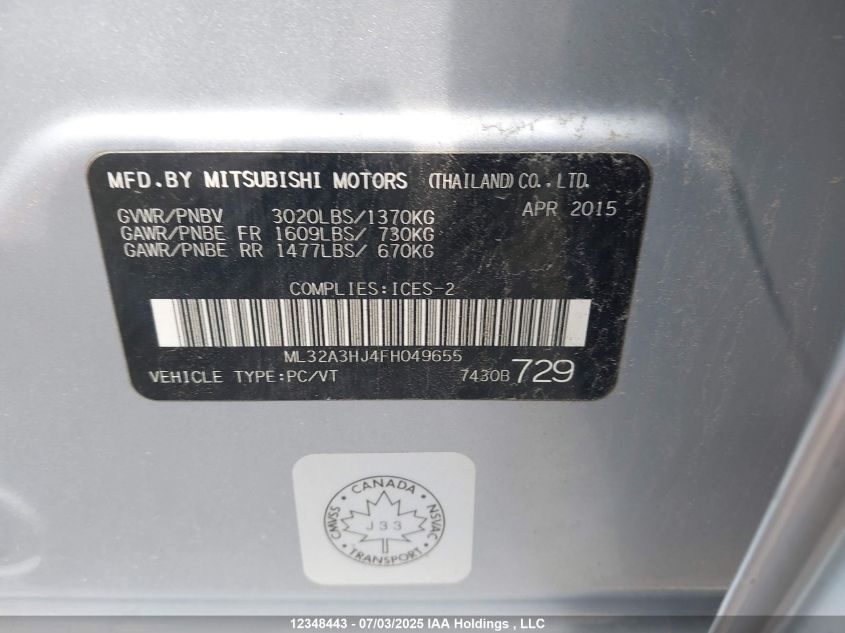 2015 Mitsubishi Mirage Es VIN: ML32A3HJ4FH049655 Lot: 12348443X