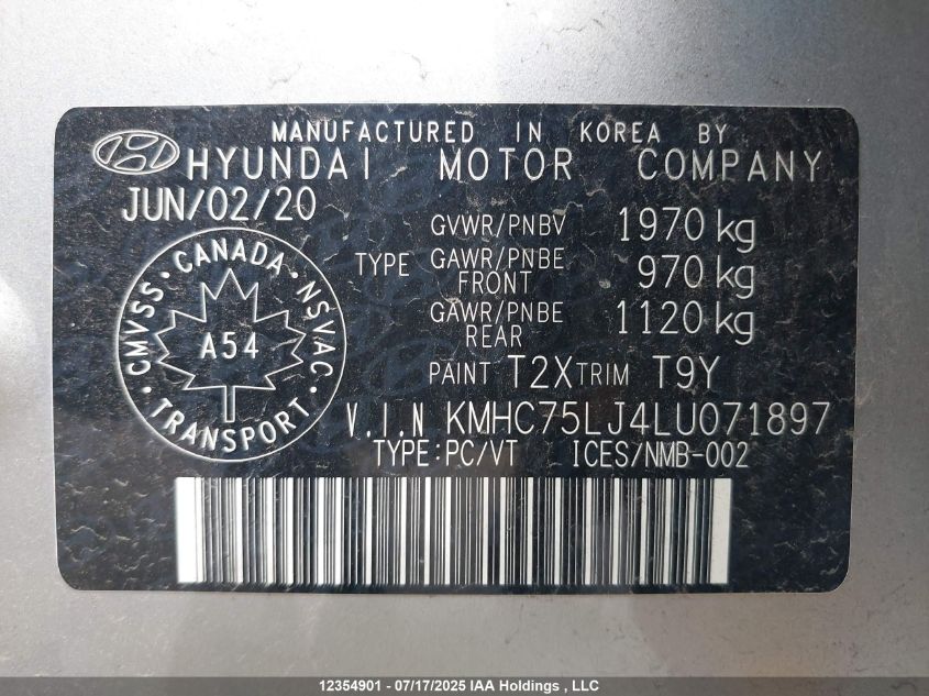 2020 Hyundai Ioniq Electric Preferred VIN: KMHC75LJ4LU071897 Lot: 12354901