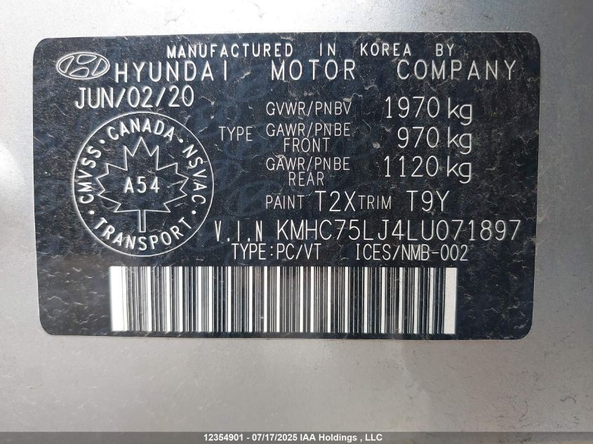 2020 Hyundai Ioniq Electric Preferred VIN: KMHC75LJ4LU071897 Lot: 12354901