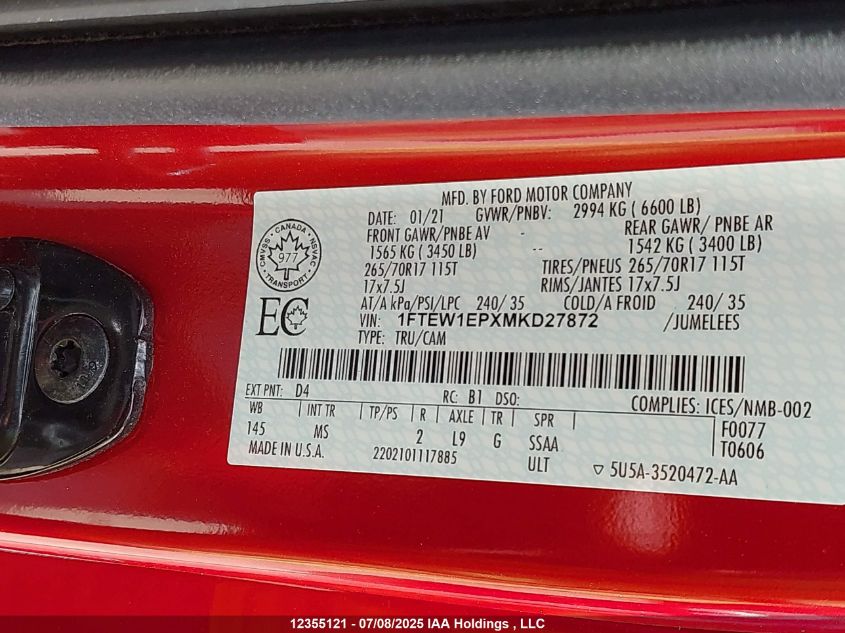 2021 Ford F-150 Xlt VIN: 1FTEW1EPXMKD27872 Lot: 12355121