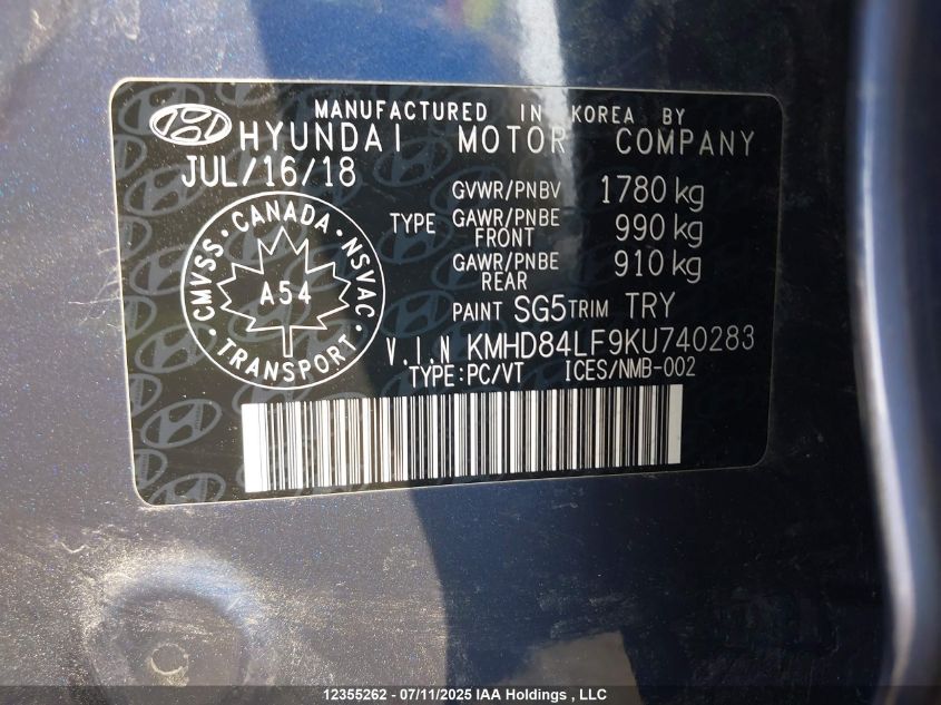 2019 Hyundai Elantra Preferred VIN: KMHD84LF9KU740283 Lot: 12355262