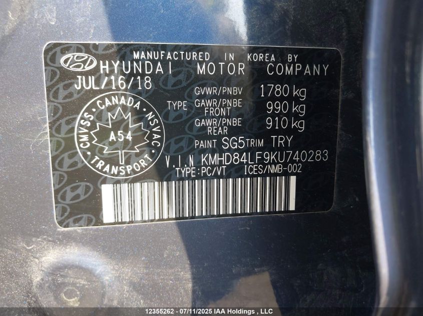 2019 Hyundai Elantra Preferred VIN: KMHD84LF9KU740283 Lot: 12355262