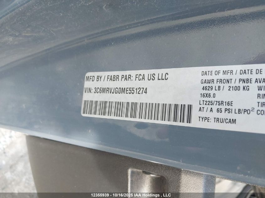 2021 Ram Promaster 3500 3500 High VIN: 3C6MRVJG0ME551274 Lot: 12355939
