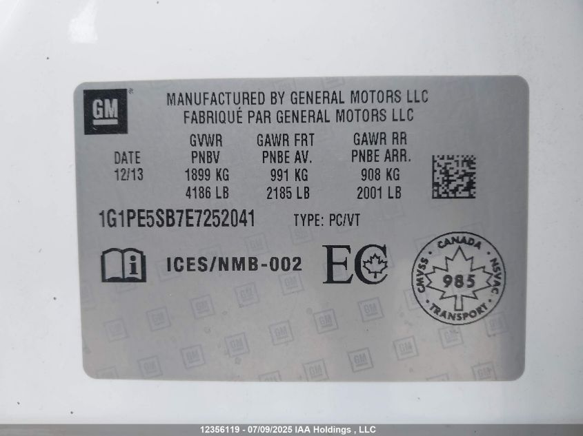 2014 Chevrolet Cruze Lt VIN: 1G1PE5SB7E7252041 Lot: 12356119