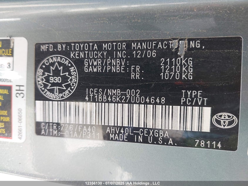 2007 Toyota Camry Hybrid VIN: 4T1BB46K27U004648 Lot: 12356130