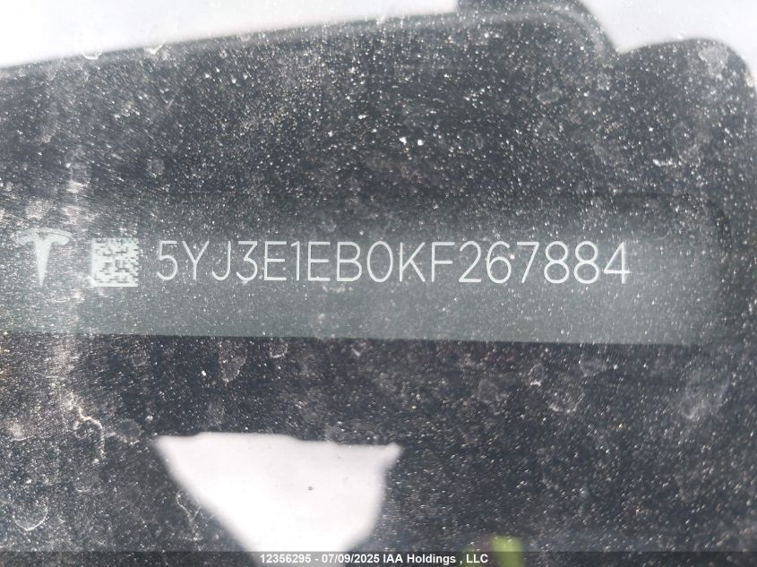 2019 Tesla Model 3 Long Range/Performance VIN: 5YJ3E1EB0KF267884 Lot: 12356295