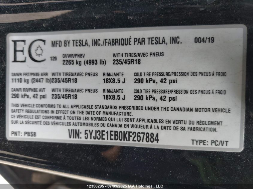 2019 Tesla Model 3 Long Range/Performance VIN: 5YJ3E1EB0KF267884 Lot: 12356295
