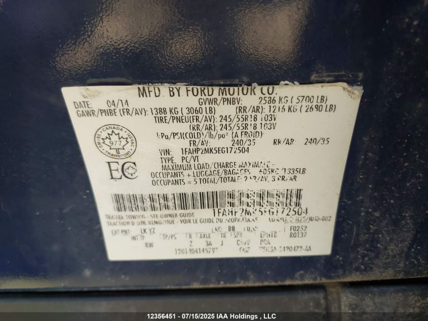 2014 Ford Taurus Police Interceptor VIN: 1FAHP2MK5EG172504 Lot: 12356451