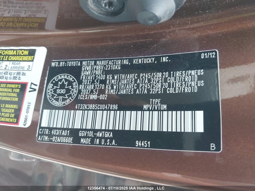 2012 Toyota Venza Le/Xle/Limited VIN: 4T3ZK3BB5CU047896 Lot: 12356474