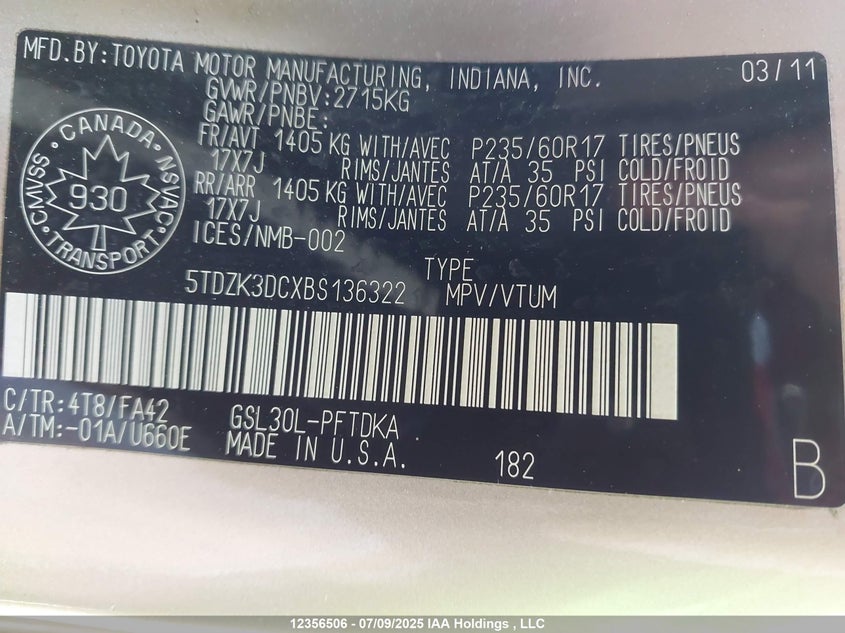 5TDZK3DCXBS136322 2011 TOYOTA SIENNA photo no. 18