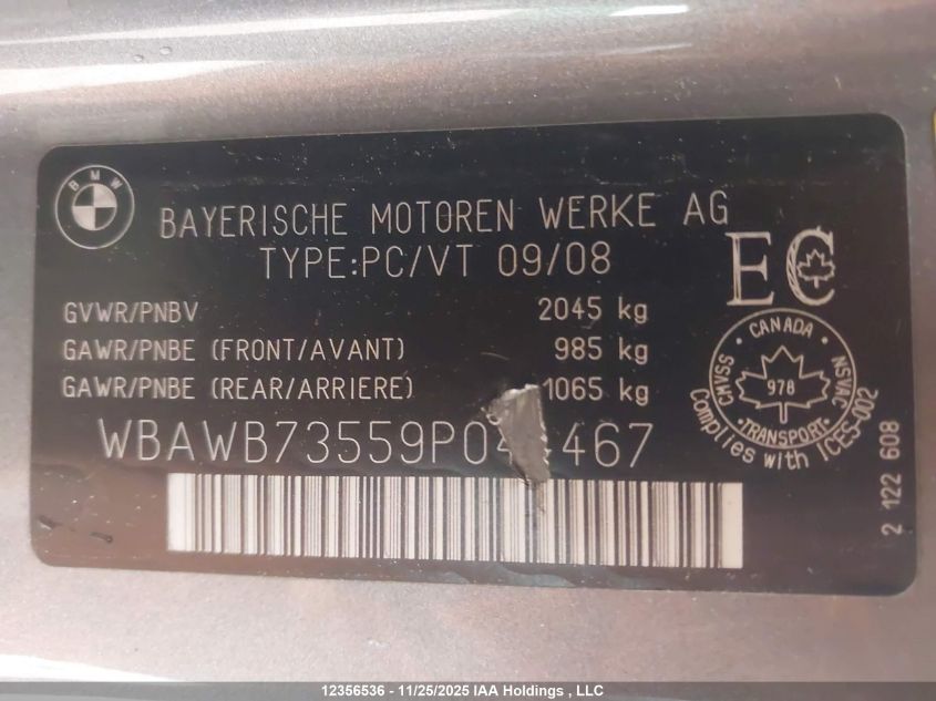 2009 BMW 335I VIN: WBAWB73559P044467 Lot: 12356536