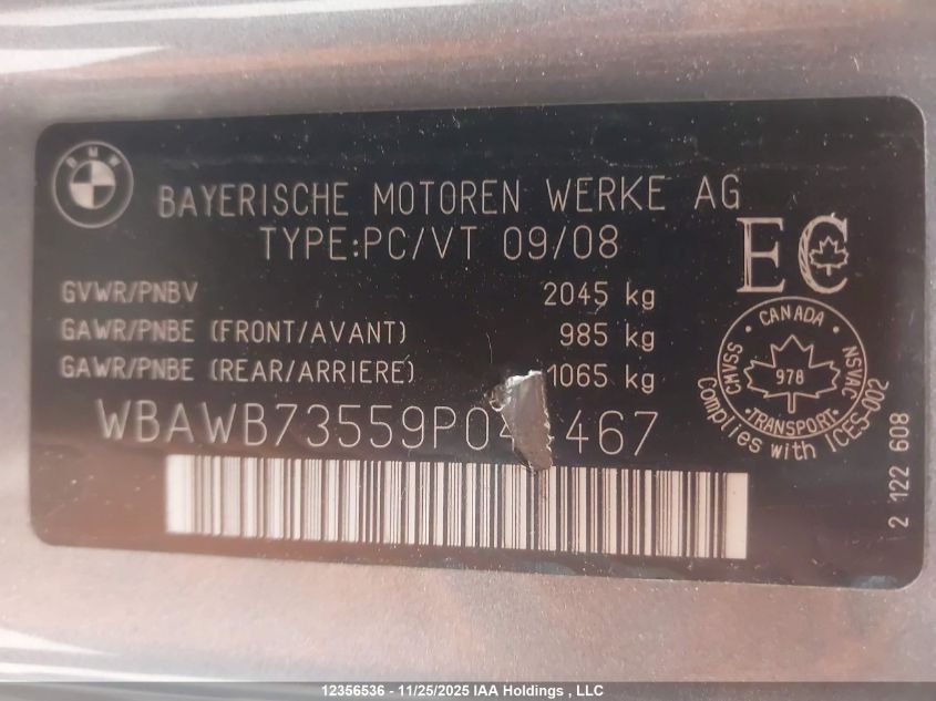 2009 BMW 335I VIN: WBAWB73559P044467 Lot: 12356536