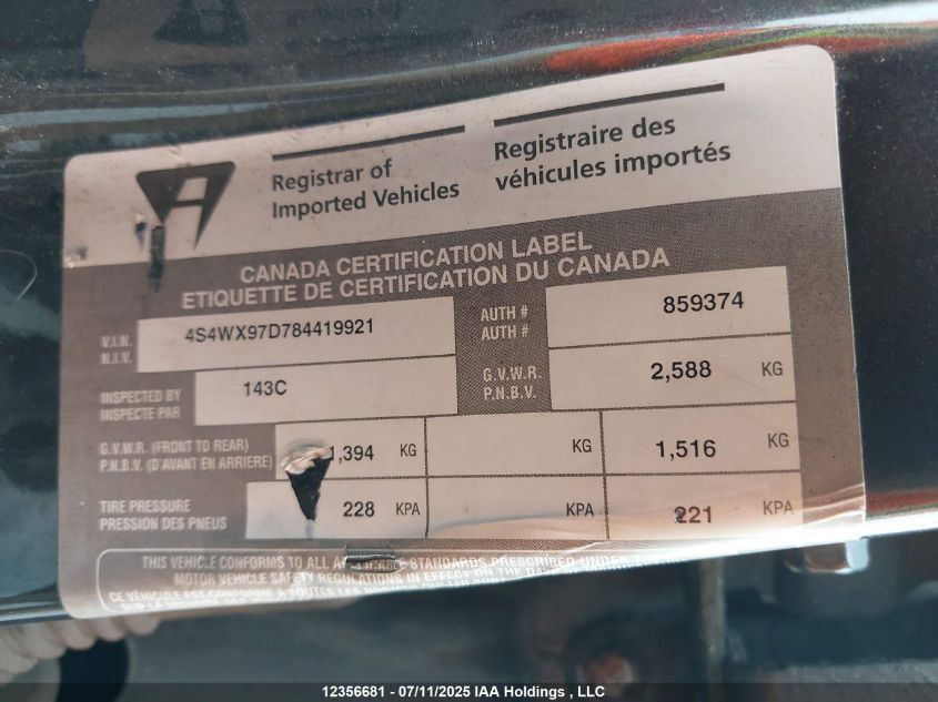 2008 Subaru Tribeca Limited VIN: 4S4WX97D784419921 Lot: 12356681