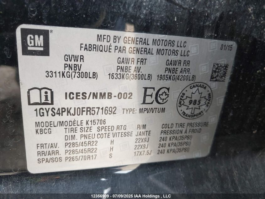 2015 Cadillac Escalade VIN: 1GYS4PKJ0FR571692 Lot: 12356909